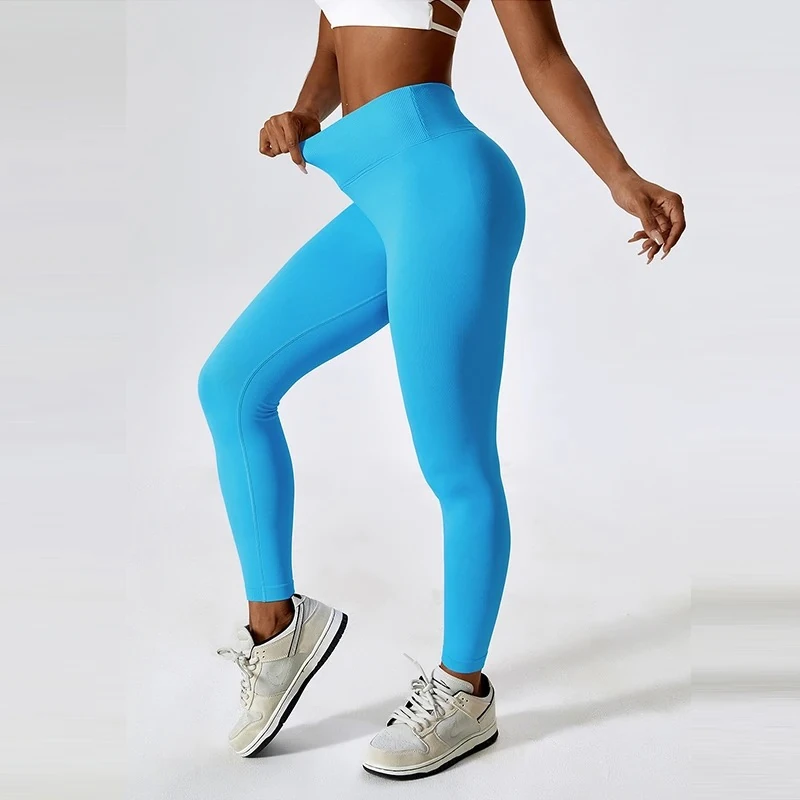 legging sport femme 7-8 taille haute croisée bleu