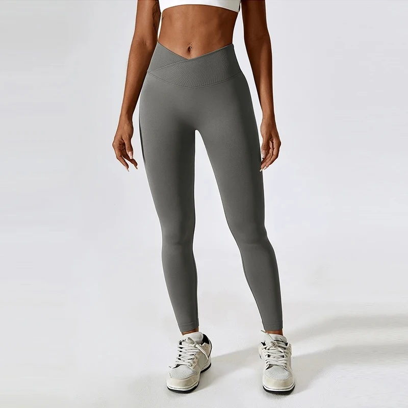 legging sport femme 7-8 taille haute croisée gris