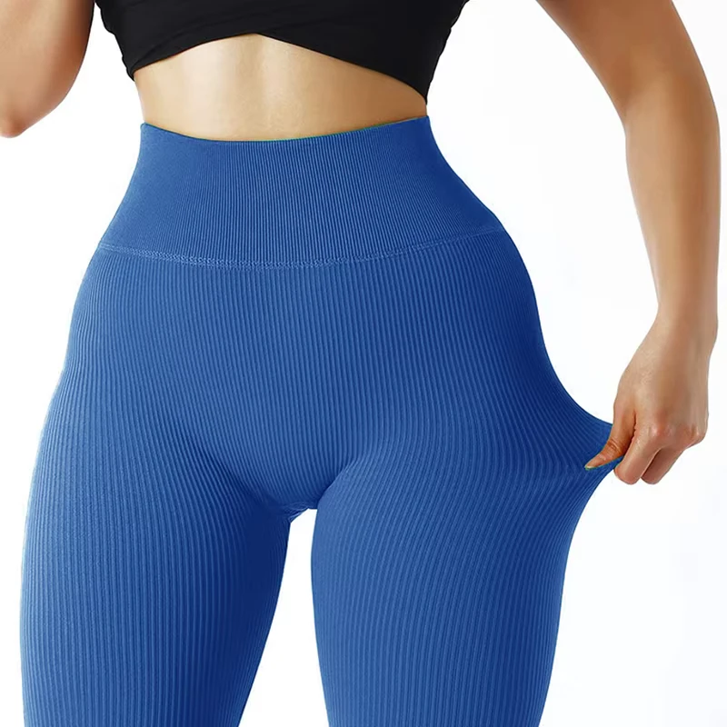 legging cotele sans couture taille haute bleu